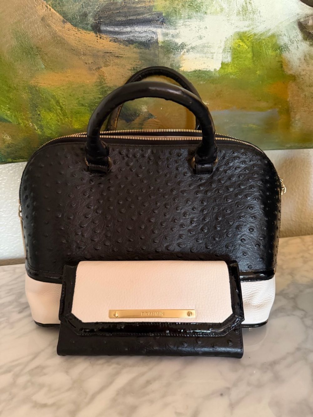 Brahmin Vivian Black and White Textured Leather Satchel with Matching Wallet